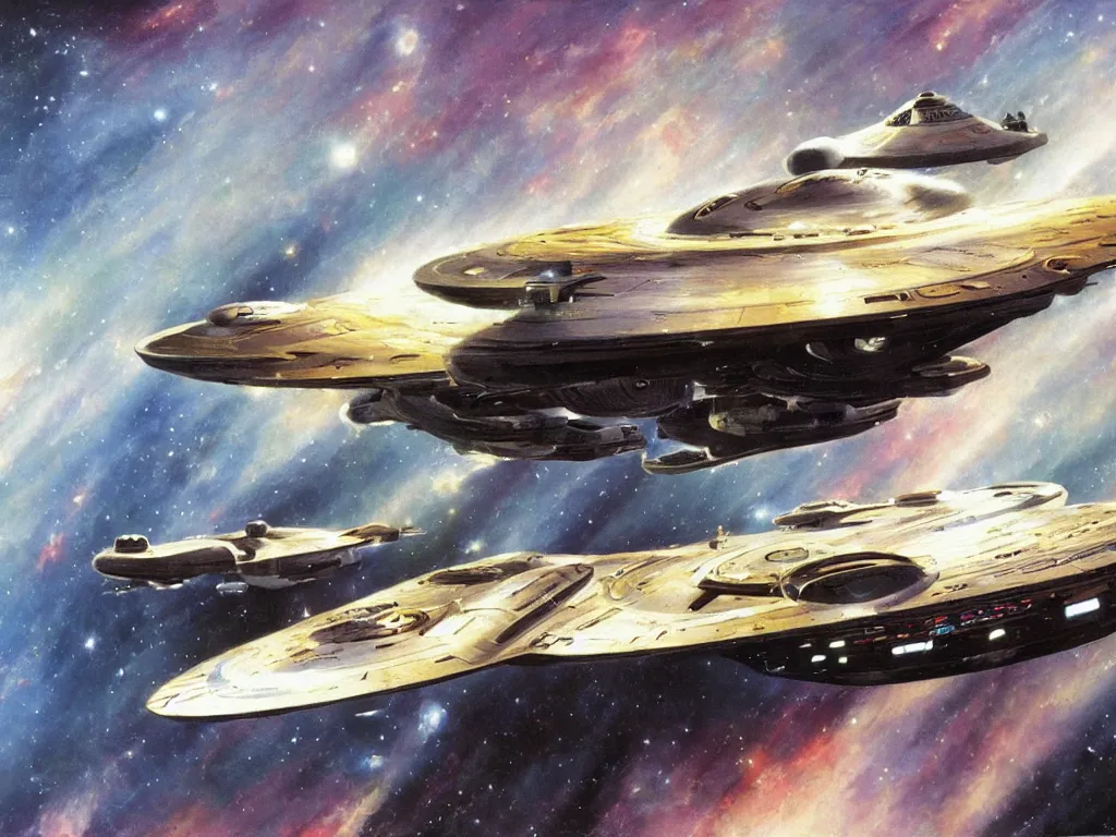 Prompt: The U.S.S. Enterprise from Star Trek, painted in the style of John Berkey