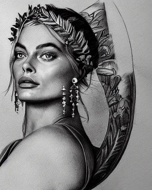 Image similar to realism tattoo sketch of margot robbie as a beautiful greek goddess aphrodite with piercing eyes wearing a laurel wreath and triangle earrings, in the style of greg rutkowski, amazing detail, side view