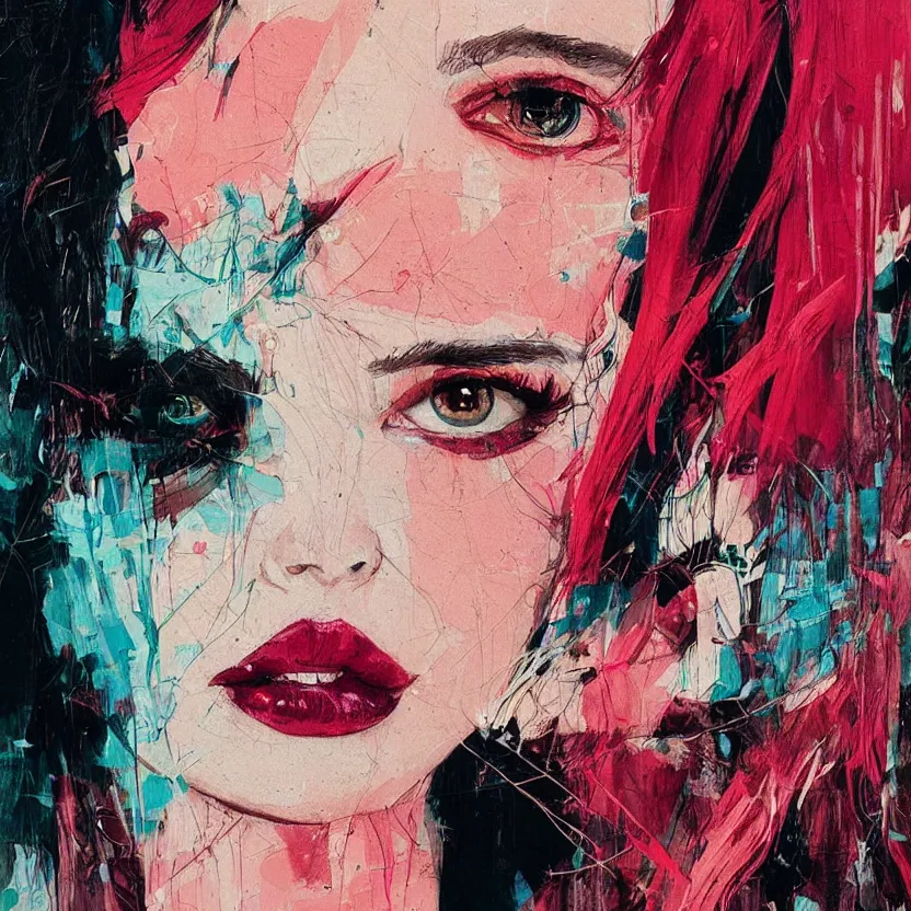 Image similar to close up portrait painting of a female dressed in nineties street styling, concept art, intricate details, highly detailed, aesthetically pleasing colors, art by conrad roset