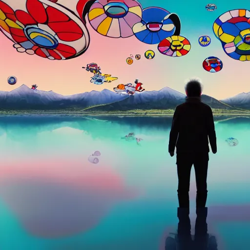 Image similar to a man walking on clouds away from the camera above a lake by takashi murakami, beeple and james jean, aya takano color style, 4 k, super detailed, modern, 4 k, symmetrical