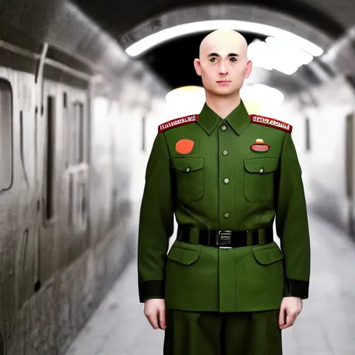 Image similar to cinematic shot of a bald young white man wearing a green chinese maoist military uniform standing in a Subway, 8k, very intricate, very detailed,