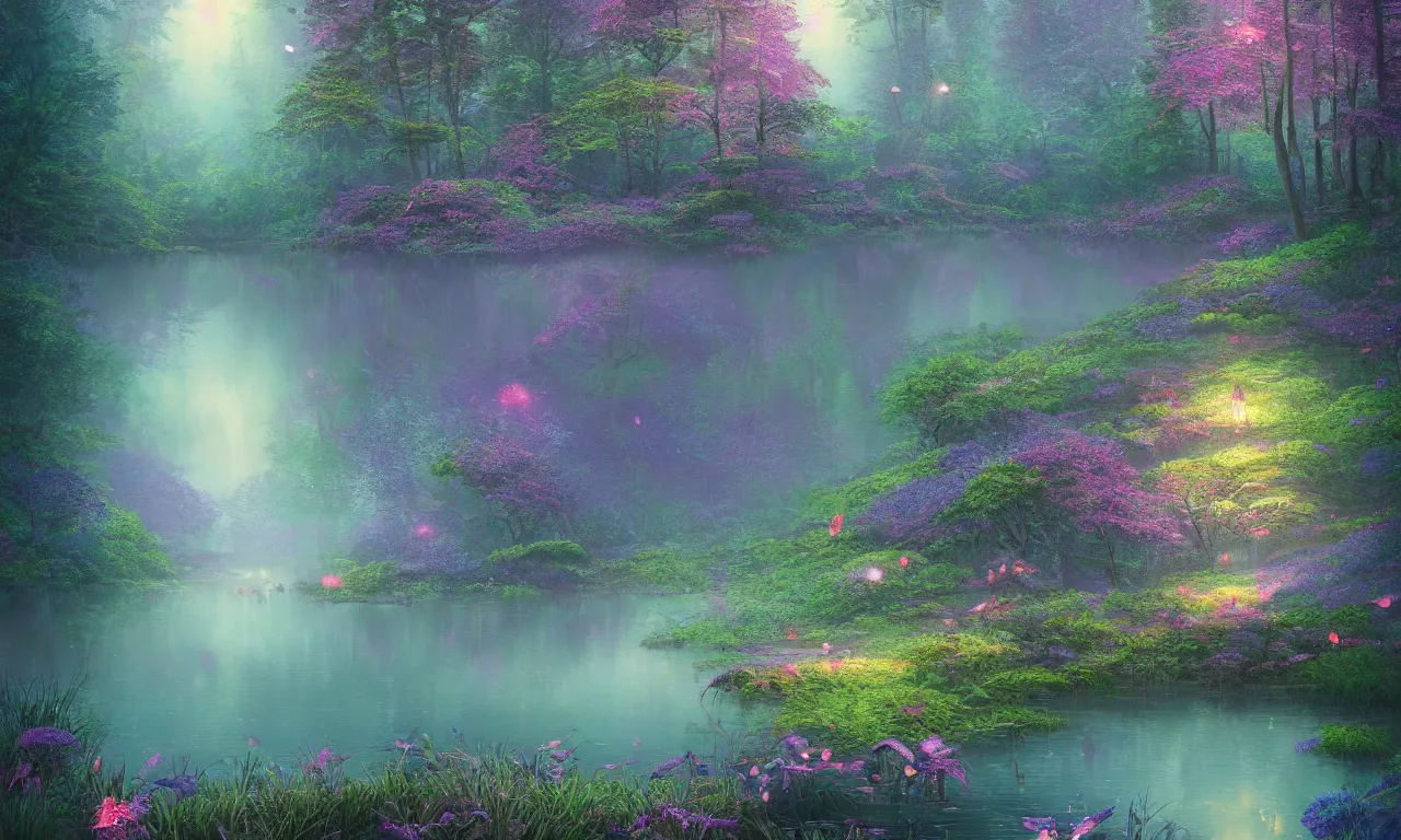 Prompt: photograph of a beautiful lake lake lake in a dense mystic forest, colored flowers, mystic hues, bioluminescence bioluminescence , breathtaking lights shining, psychedelic fern, tyndall effect, fireflies fireflies, dense forest, foggy, 4k, Acid Pixie, by thomas kinkade and lee madgwick