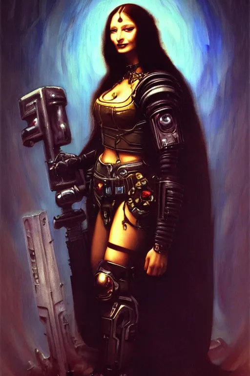 Image similar to character portrait cyberpunk starcraft terran warhammer 4 0 k space marine tech priest warrior princess ( ( ( ( ( ( ( ( totally definitely not negative no not mona lisa inspired ) ) ) ) ) ) ), character design, painting by gaston bussiere, katsuya terada, frank frazetta, tom of finland, trending on artstation