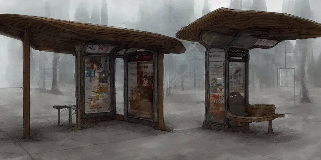 Prompt: concept art of a sealed bus stop for the far north in style of marc simonetti