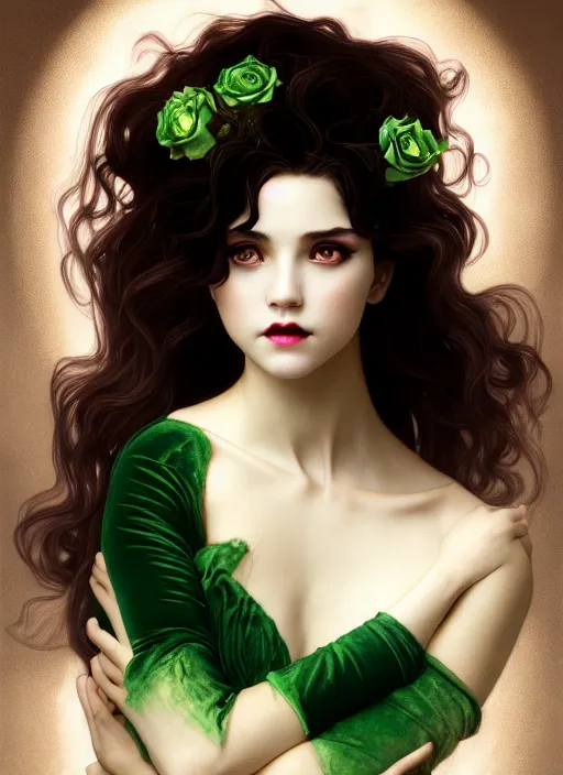 Image similar to young vampire girl, goddess of green velvety malachite and obsidian diamonds and black roses with long curly, golden hair, perfectly proportioned face, brown eyes, sweet smile, strong jawline, natural lighting, path traced, highly detailed, high quality, cartoon, digital painting, by new haicheng and riccardo federici and alphonse mucha