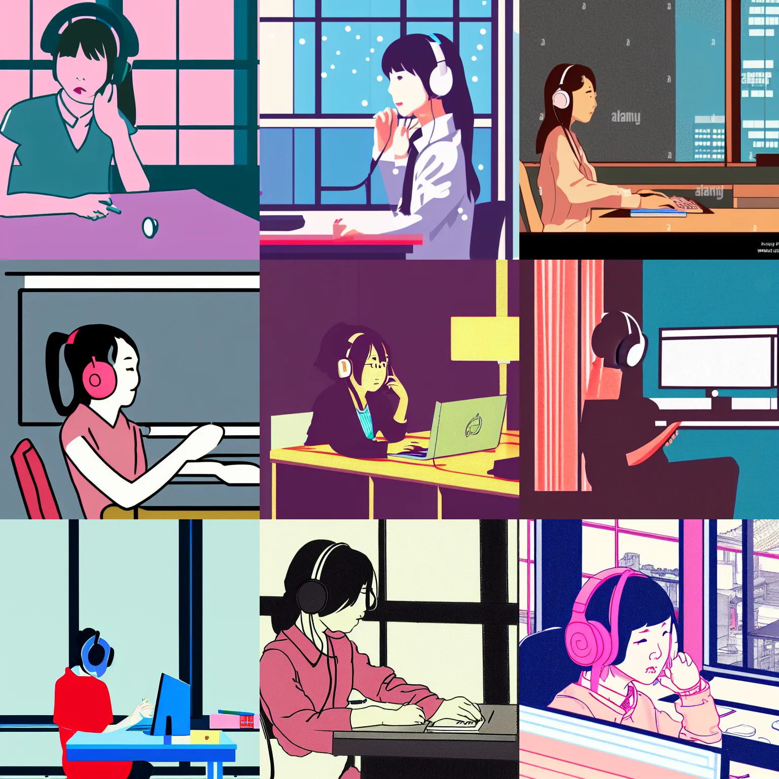 Prompt: illustration of female japanese student in profile, sat at her desk, her face lit by the computer screen, wearing headphones, japan, window, tokyo, neon lights outside , Hayao Miyazaki