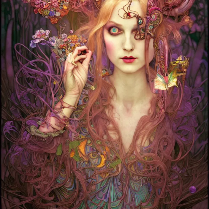 Image similar to psychedelic alice in wonderland , diffuse lighting, fantasy, intricate, elegant, highly detailed, lifelike, photorealistic, digital painting, artstation, illustration, concept art, smooth, sharp focus, art by John Collier and Albert Aublet and Krenz Cushart and Artem Demura and Alphonse Mucha