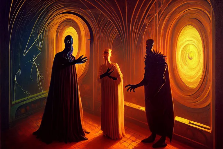 Image similar to a beautiful masterpiece painting of a cybernetic wizard discussing sentience with his AI by Remedios Varo and Anato Finnstark and Greg Rutkowski