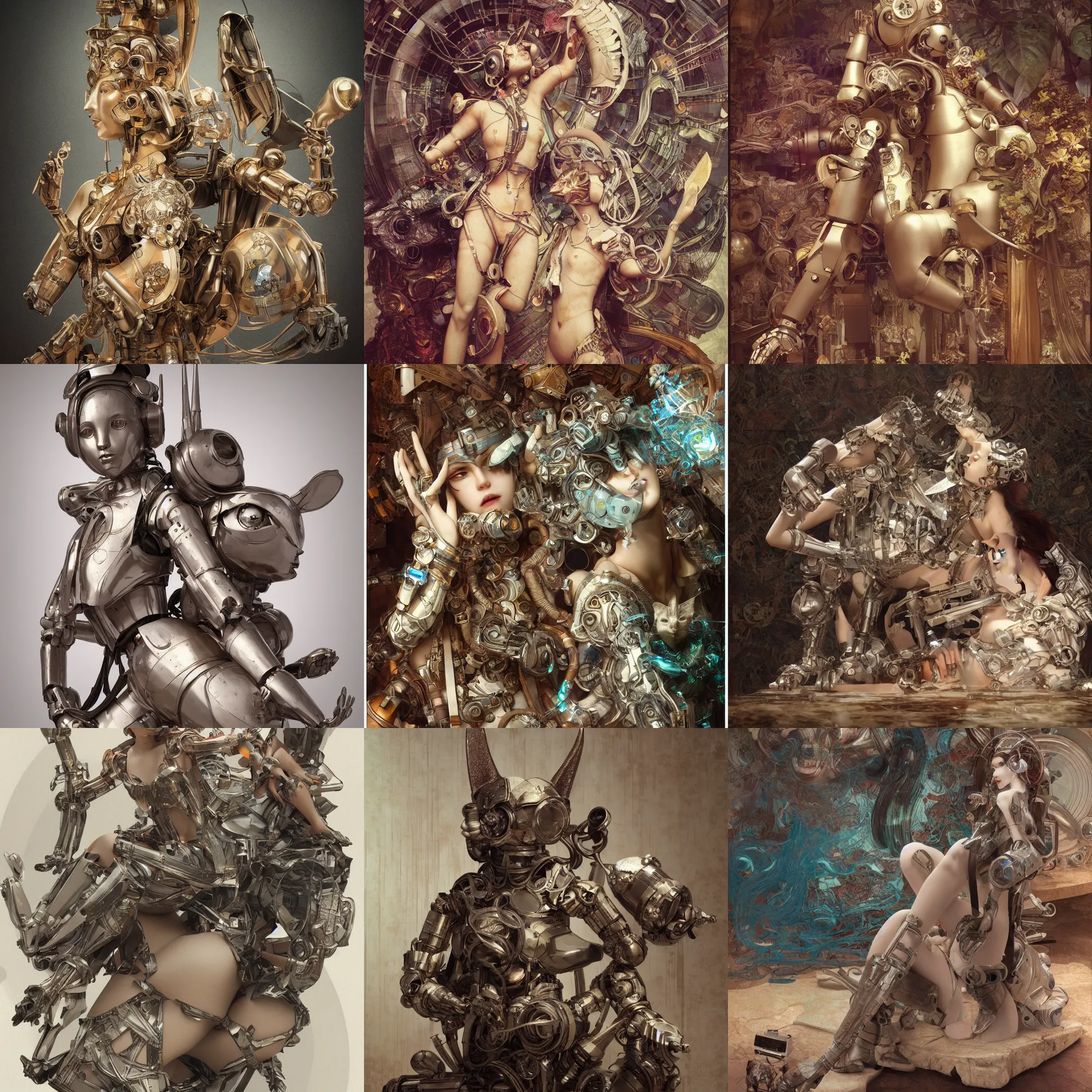 Prompt: 3 d octane render ultra 8 k photorealistic hyper detailed unreal engine a, vhs, futurepunk, concept art, trending on cgsociety, artwork masterpiece, in a contemporary art gallery, lossless quality, wooden sculpture statue on feet art toys, a very cute mystical robot of the bohemian with cats ears artwork by alphonse mucha