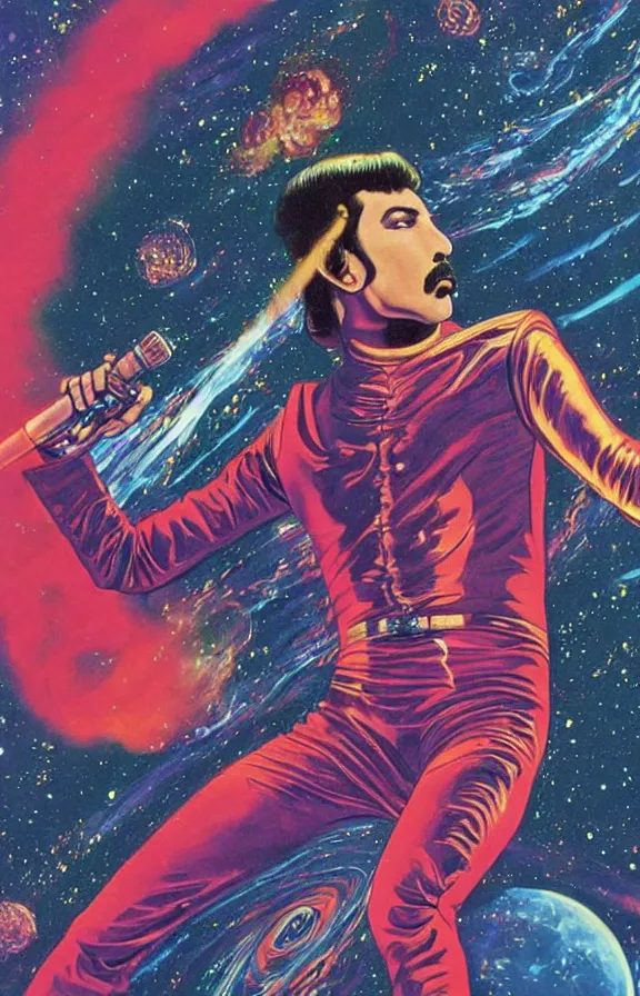 Prompt: freddy mercury with a beatiful long curly hair with a galactic background in the style of moebius