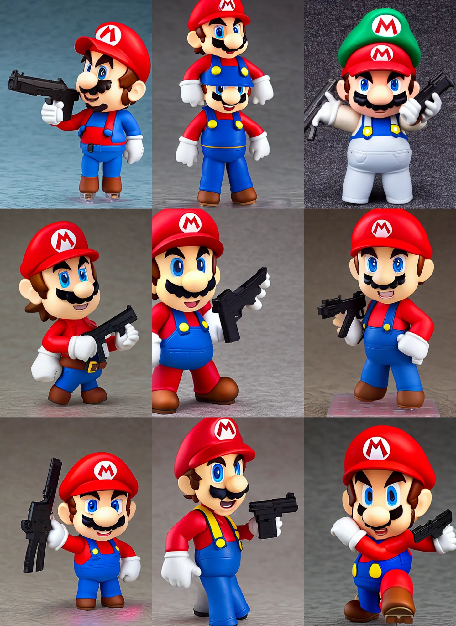 Prompt: a nendoroid of mario with a glock 1 9, detailed product photo