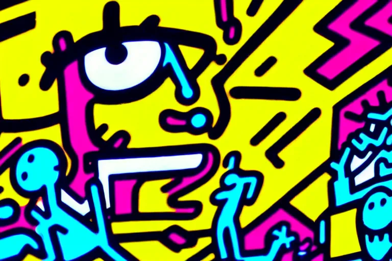 Image similar to someone taking a selfie smiling during the apocalypse, bright neon colors, intricate details, complementary colors, detailed face, backlighting, octane render, depth of field, extremely detailed, trending in artstation, focus on face, sharp focus, radiant light, beautiful composition, drawn by roy lichtenstein, keith haring, romero britto