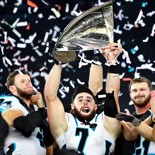 Prompt: carolina panthers baker mayfield lifts up the lombardi trophy, confetti, 8 k award winning sports photography,