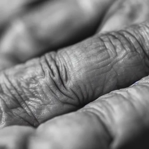 Prompt: closeup photograph of an old, wrinkled hand. Macro details. Shallow depth of field. Strong keylight.