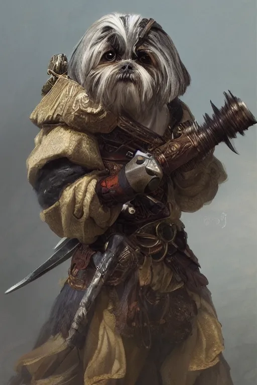 Prompt: a anthropomorphic shih - tzu warrior, diffuse lighting, fantasy, intricate, elegant, highly detailed, lifelike, photorealistic, digital painting, artstation, illustration, concept art, smooth, sharp focus, naturalism, trending on byron's - muse, by greg rutkowski and greg staples and alphonse mucha