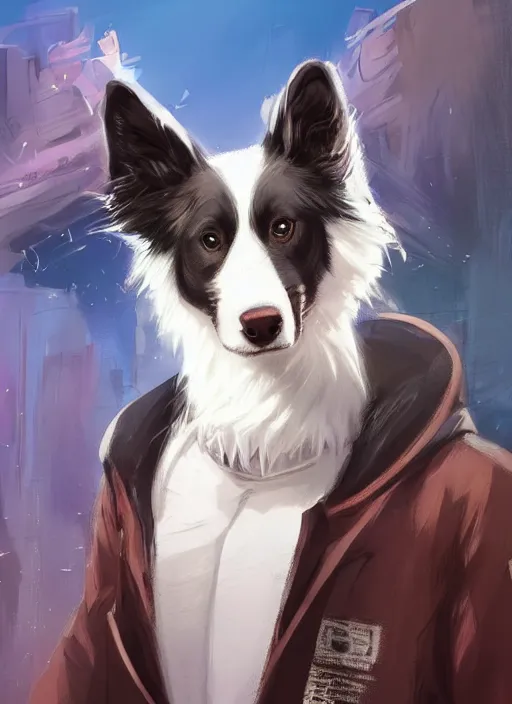Image similar to beautiful portrait of a cute male anthropomorphic border collie fursona wearing a blue tracksuit in a metropolis. character design by charlie bowater, henry asencio, and ross tran. scenic background, detailed, glamor pose, aesthetic, trending on artstation, top rated on furaffinity and deviantart