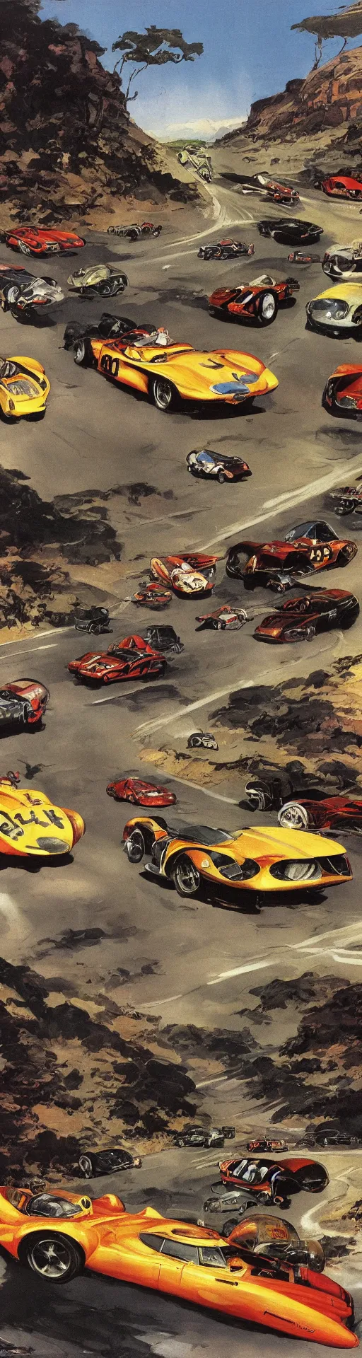 Image similar to a detailed road with racing cars by frank frazetta