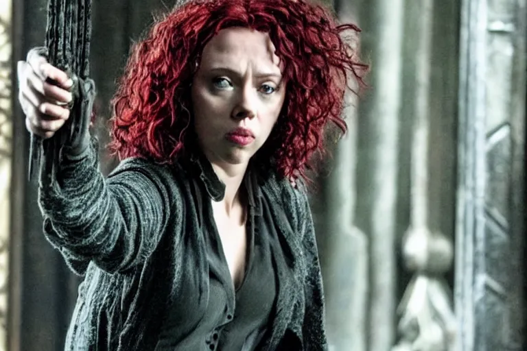 Image similar to film still Scarlet Johansson as Bellatrix Lestrange in Harry Potter movie