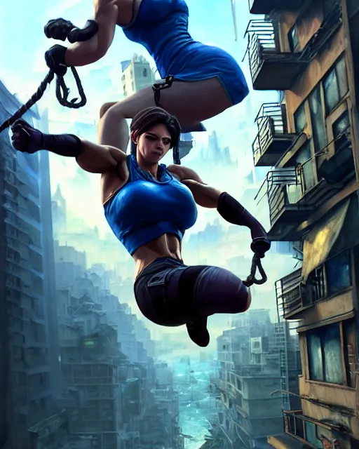 Image similar to gigachad jill valentine bodybuilder swinging from a building with a rope in racoon city, fantasy character portrait, ultra realistic, anime key visual, full body concept art, intricate details, highly detailed by greg rutkowski, ilya kuvshinov, gaston bussiere, craig mullins, simon bisley