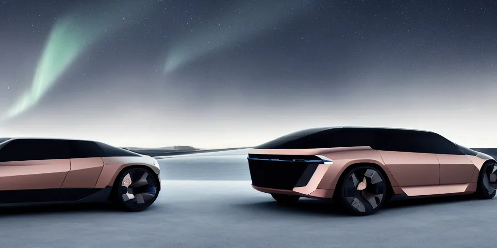 Image similar to a design of a futuristic vehicle, designed by Polestar, northern lights background, brushed rose gold car paint, black windows, dark show room, dramatic lighting, hyper realistic render, depth of field