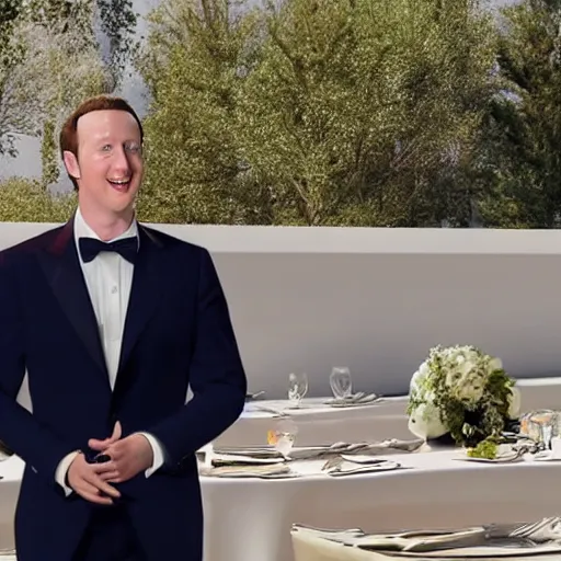 Prompt: mark zuckerburg as the waiter in elon musk's wedding, realistic, cinematic, 4k