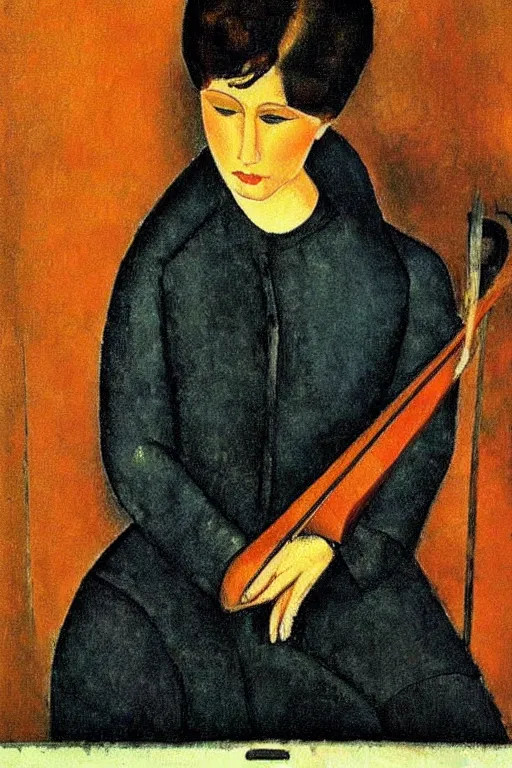 Prompt: woman portait playing violin by modigliani, intricate, highly detailed, hyper realistic, soft shadow