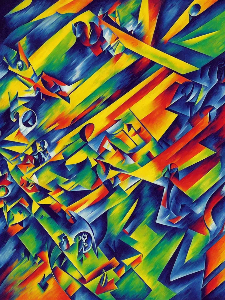 Image similar to a surreal neon painting of a locomotive in motion made of cubism futuristic boccioni, rooms in 3 point perspective by vladimir kush and dali and kandinsky, 3 d, realistic shading, complimentary colors, vivid neon colors, aesthetically pleasing composition, masterpiece, 4 k, 8 k, ultra realistic, super realistic