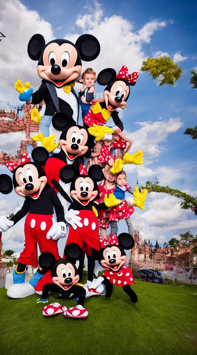 Prompt: giant mickey mouse looming over cowering children, professional photo, hdr