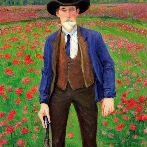 Image similar to an impressionist painting of a tall man with blue eyes that is wearing a wide brim hat and a leather vest. He is holding a revolver in his left hand and a rose is in his right hand. He is standing in a field of roses. He does not have facial hair.