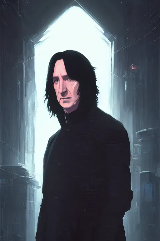 Prompt: portrait of severus snape with visor in cyberpunk, neon lighting, night city, digital art from artstation by Ruan Jia and Mandy Jurgens and Artgerm and william-adolphe bouguereau and Greg Rutkowski