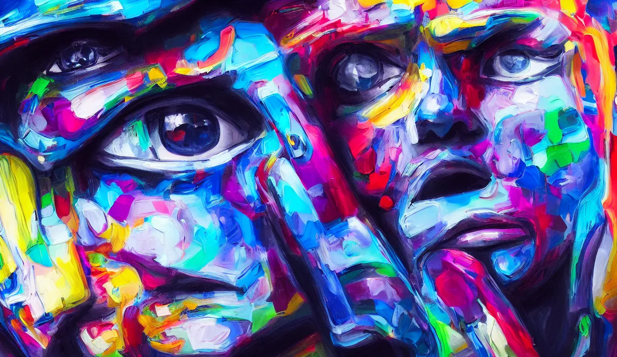 Image similar to colourful cinematic bust portrait of an artist robot painting an artwork on a canvas with a brush, paint and color, robotic enhancements, desaturated, oil on canvas, masterpiece, trending on artstation, featured on pixiv, cinematic composition, dramatic pose, beautiful lighting, sharp, details, hyper-detailed, HD, HDR, 4K, 8K