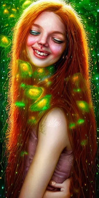 Image similar to infp young woman, smiling amazed, golden fireflies lights, sitting in the midst of nature fully covered, long loose red hair, intricate linework, bright accurate green eyes, small nose with freckles, oval shape face, realistic, expressive emotions, dramatic lights magical scene, hyper realistic ultrafine art by michael cheval, jessica rossier, boris vallejo