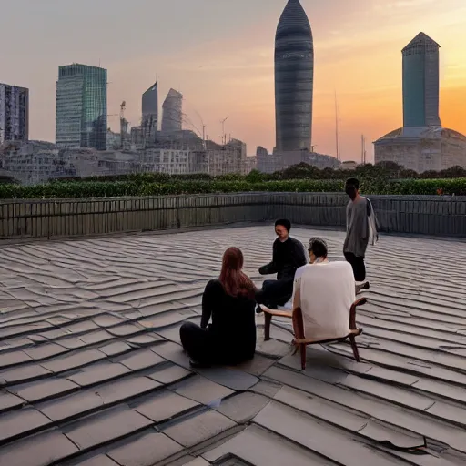 Image similar to a small rooftop with a couple of people sitting and watching the view, wearing black modern clothes, modern shanghai bund is on the background, sunset, by gregory crewdson