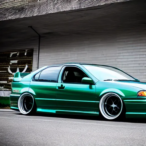 Prompt: four-door green jdm acura integra at a japanese car meet, lowered with hre wheels