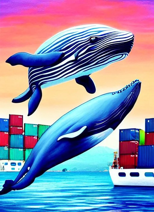 Image similar to a happy whale in front of a huge stack of containers at the port, intricate details, digital art by artgerm