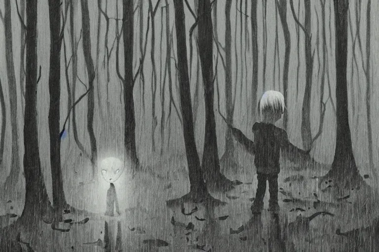 Image similar to a moody scene of a little boy talking with a spirit like a ghost in the middle of a rain forest at night, ultra realistic, style of Angela Deane