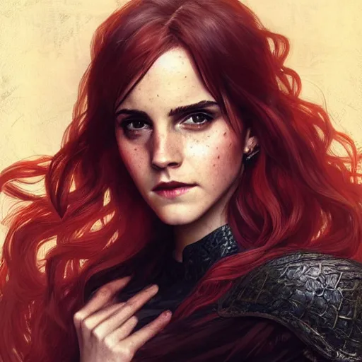 Image similar to a beautiful portrait of emma watson as a red haired vampire sorceresses, leather armor, d & d, fantasy, intricate, elegant, highly detailed, digital painting, artstation, concept art, matte, sharp focus, illustration, art by greg rutkowski and alphonse mucha