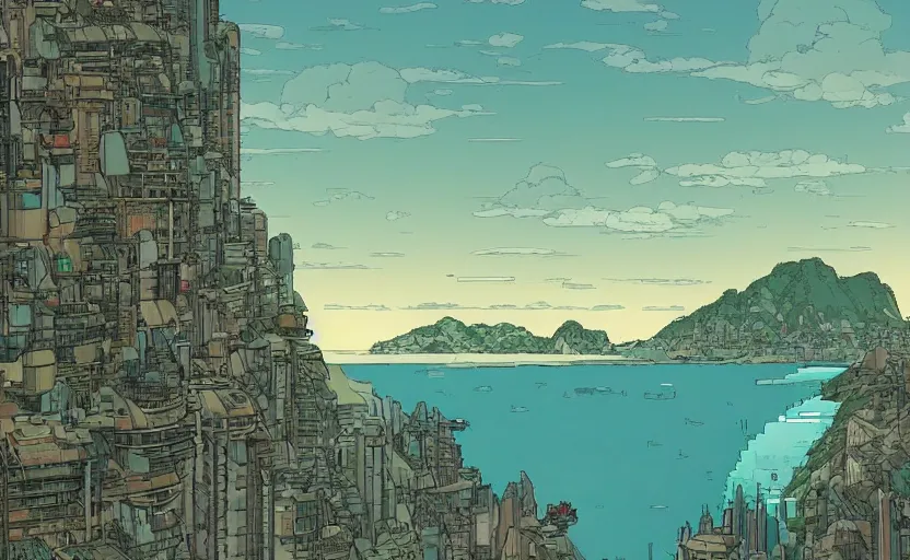 Prompt: a metropolis built on a island floating above the sea in the sky, waterfalls fall from the island into the sea, by Laurie Greasley, artstation, Studio Ghibli color scheme