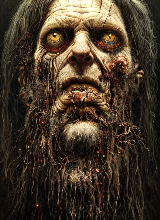 Prompt: portrait of a 6 0 year old giant man zombie with long tattered tangles of thinning black hair, eerie glowing eyes, wall hanging trophy taxidermy, hyper realistic head, fantasy art, in the style of greg rutkowski, zdizslaw beksinski, intricate, alphonse mucha, hyper detailed, smooth