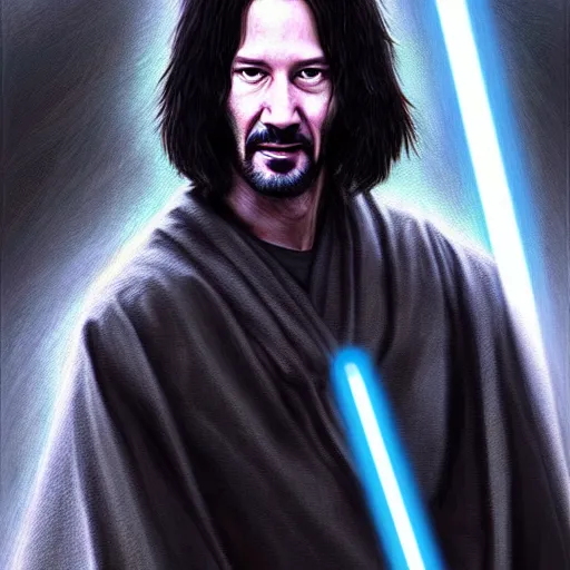 Image similar to keanu reevs as jedi, hyper detailed masterpiece, digital art painting, hyper realism aesthetic