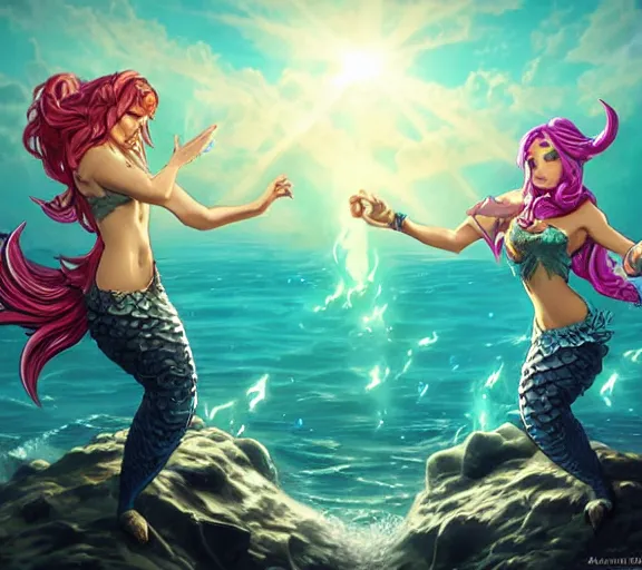 Prompt: two mermaids share a victorious fistbump, crepuscular rays behind fistbump, whimsical, dungeons and dragons, league of legends splash art, heroes of the storm splash art, hearthstone splash art, world of warcraft splash art, overwatch splash art, art by artgerm, art by alphonse mucha, intricately detailed, highly detailed, trending on artstation,