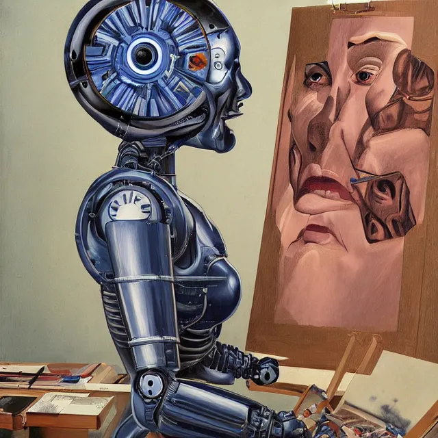 Image similar to robot artist painting a self - portrait on a canvas. intricate, highly detailed, digital matte painting in the style of alberto vargas and in the style of wayne barlowe. irony, recursion, inspiration.