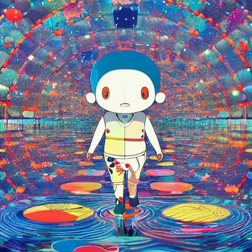 Image similar to a man walking on water under the stars by takashi murakami, beeple and james jean, aya takano color style, 4 k, super detailed