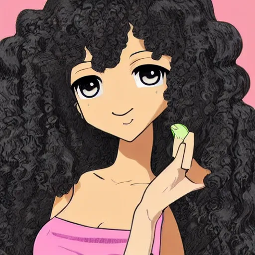 Prompt: A brown skinned woman with curly black hair as an anime character