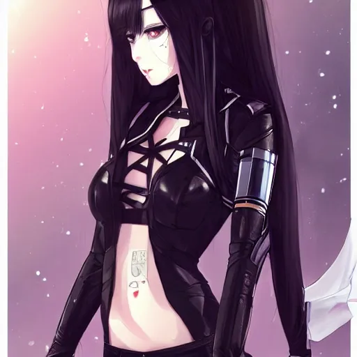 Image similar to upper body portrait of a beautiful girl with long black hair, wearing black riot gear, holding AR-15, drawn by WLOP, by Avetetsuya Studios, attractive character, colored sketch anime manga panel, trending on Artstation