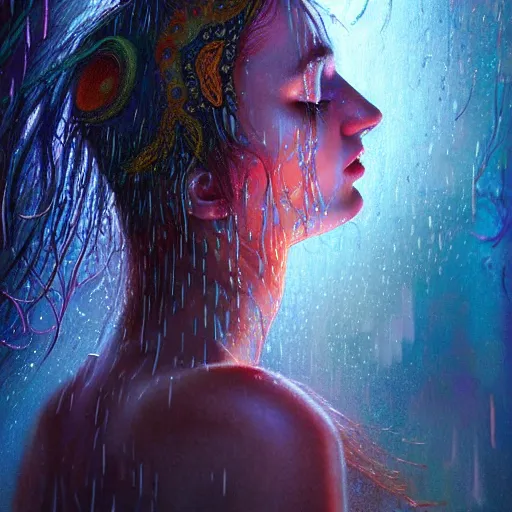 Prompt: girl in psychedelic LSD rain with wet hair and face, fantasy, intricate, elegant, dramatic lighting, emotionally evoking symbolic metaphor, highly detailed, lifelike, photorealistic, digital painting, artstation, concept art, smooth, sharp focus, illustration, art by John Collier and Albert Aublet and Krenz Cushart and Artem Demura and Alphonse Mucha