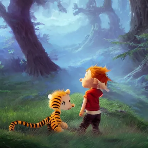 Prompt: Calvin and Hobbes in a fantasy realm, made by Stanley Artgerm Lau, WLOP, Rossdraws, ArtStation, CGSociety, concept art, cgsociety, realistic, foto realism, octane render, trending on artstation, artstationHD, artstationHQ, unreal engine, 4k, 8k,