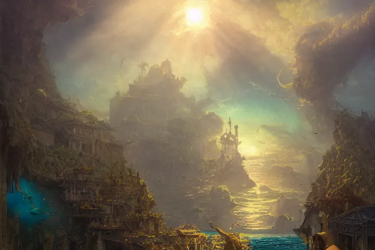 Image similar to a scenic landscaping view of the lost and abandoned city of Atlantic under water, ray of sunlight, mermaids in distance, Greg Rutkowski, Moebius, Mohrbacher, Mucha, blue and gold color scheme, ultra wide angle, ultra detailed, light effect