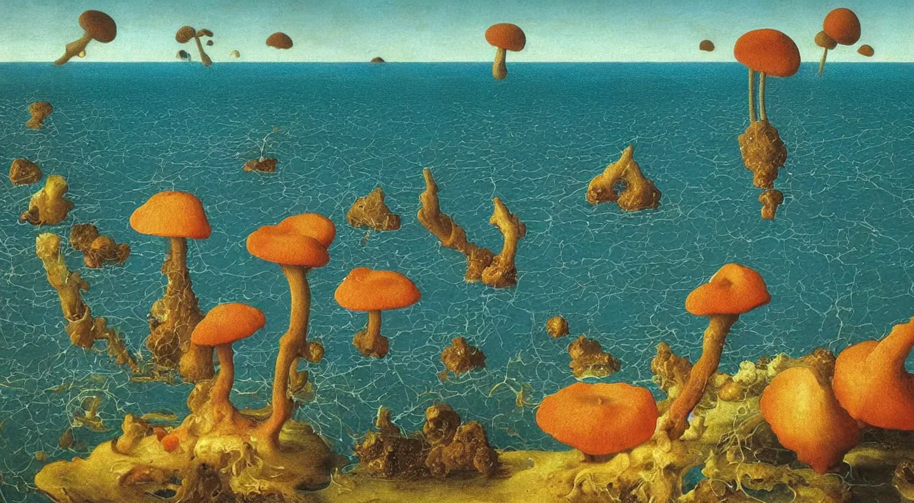 Prompt: a single fungus growing in water empty! ocean clear sky!, a high contrast!! ultradetailed photorealistic painting by jan van eyck, audubon, rene magritte, agnes pelton, max ernst, walton ford, andreas achenbach, ernst haeckel, hard lighting, masterpiece