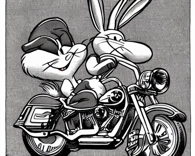 Prompt: Bugs Bunny riding a Harley Davidson, drawing by MC Escher